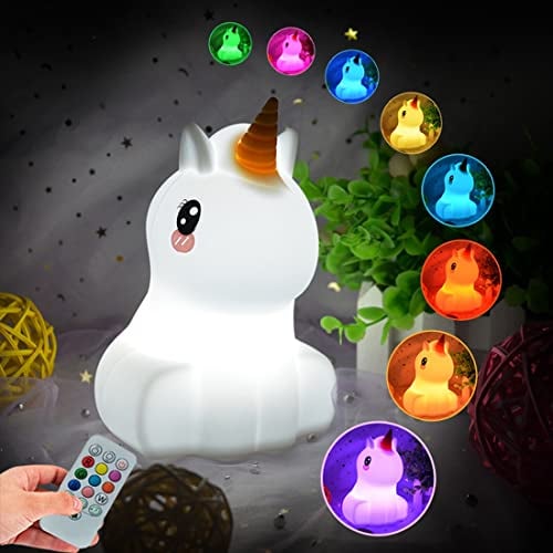 Glinrui Night Light Unicorn Nursery Lamp Silicone Decorative Lamps Room Decor - Eye Caring/Adjustable Brightness & Color/Time Setting/Children's Gift/Birthday Presents - Medium