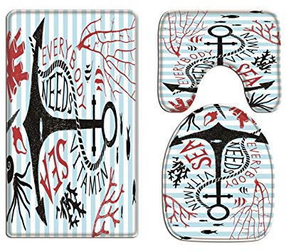 A.Monamour Badezimmer Badematte 3 Teilig Set Korallenfisch Muschel Anker Silhouette Nautisch Gestreiften Flanell WC Toilette Deckel Deckt Bad Matte Teppich Badteppiche Badvorleger Badgarnitur Vorleger