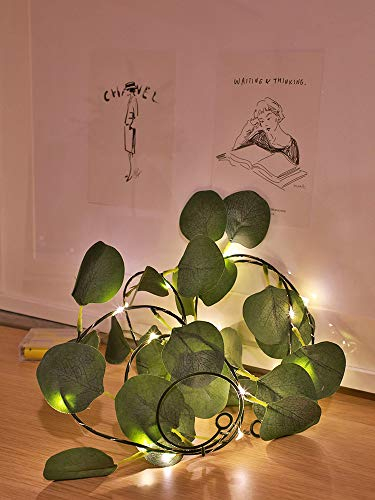Künstlicher Eukalyptus Hinterlässt LED-Lichterkette Rebe Girlande Efeu Kranz Gefälschte Efeu Pflanze Splitter Draht Lichterkette(2m/20 Lichter, Eukalyptusblätter)