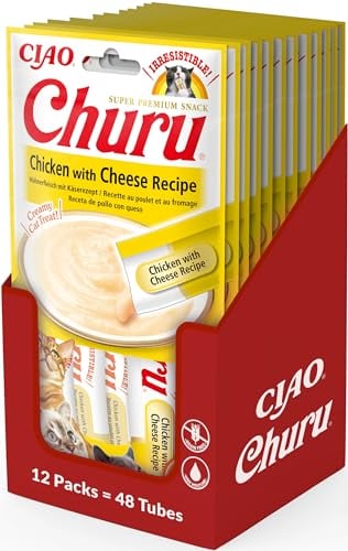 INABA Churu Puree Katzenleckerlis Creamy Snacks, Hochwertige Proteine mit Huhn & Käse 56 g (12er Pack), Katzensnacks in Premium Qualität