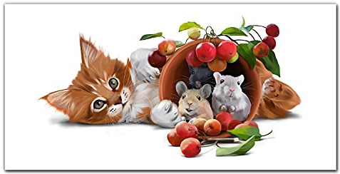 Coloray Küchenrückwand 140x70cm Glaskunstwandbild gehärtetes Glas Dekorplatte Küche Panel Glasscheibe - Tiere Katze Ratten Obst