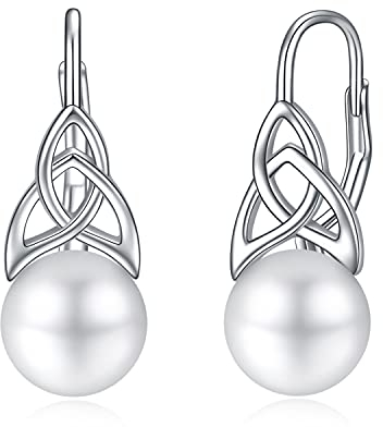 Perlen Ohrringe für Damen 925 Sterling Silber Irischer Keltischer Knoten Creolen Leverback Schmuck Geschenke für Mama Mutter Mädchen Freunde (Keltischer Knoten mit Perlen 2)