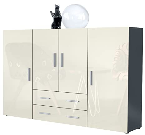 Vladon Highboard Nora Anrichte mit 2 Schubladen und 4 Türen mit insgesamt 8 Fächer dahinter, Anthrazit matt/Creme Hochglanz (166,5 x 106,5 x 35 cm)