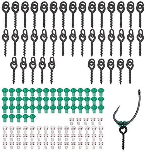 FYSL 140 Stück Angelhaken Set 40 Stück Gewinde Boilie Köder Schrauben 100 Stück Angelhaken Stopper, Hook Stops Angelhaken Set, Kreis Oval Köder Jig Haken Angelgerät Zubehör