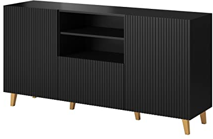 Furniture24 Kommode Pafos 150 cm Sideboard Schrank 3 türiger Wohnzimmerschrank mit Schublade (Schwarz), 150x82x40