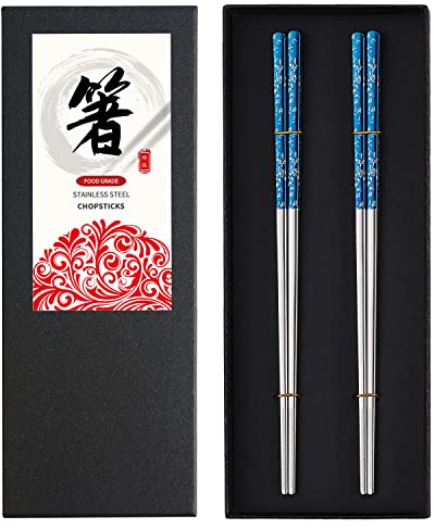 YOZOTI Essstäbchen aus Edelstahl, titanbeschichtet, 2 Paar, blau, quadratisch, spülmaschinenfest, mikrowellengeeignet, wiederverwendbar, SUS304, 23,5 cm, Blumenmuster