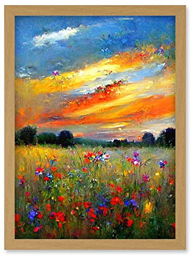 Doppelganger33 LTD Sunset Wildflower Peaceful Summer Meadow Oil Painting Artwork Framed Wall Art Print A4