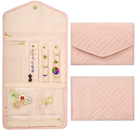 1 x faltbare Schmuckaufbewahrungstasche, tragbare Schmucktasche, Reise-Schmuckorganisator, Aufbewahrungsbox für Ringe, verwendet für Armbänder, Ohrringe, Ringe (Nude Rosa)