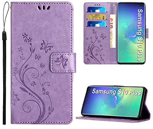 Anshow Kompatibel mit Samsung Galaxy S10 Plus Hülle, Lederhülle Flip Wallet Leder Tasche Blumenmuster Klapphüllen Stoßfest Kartensteckplätzen Schutzhülle, Handyhülle für Samsung S10 Plus, Helles Lila