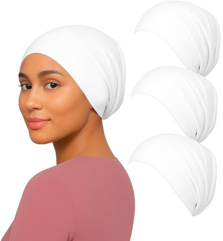 AL Barakeh Women’s Undercap Hijab 3-Piece Set – Soft Inner Scarf in Solid Color – Comfortable Turban Style for Muslim Women,12 Colors (White)