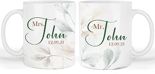 Handmade By Stukk Coppia personalizzata Mr. e Mrs. Set di tazze regalo per matrimonio con nome personalizzato e data CoffeeMugForCouples