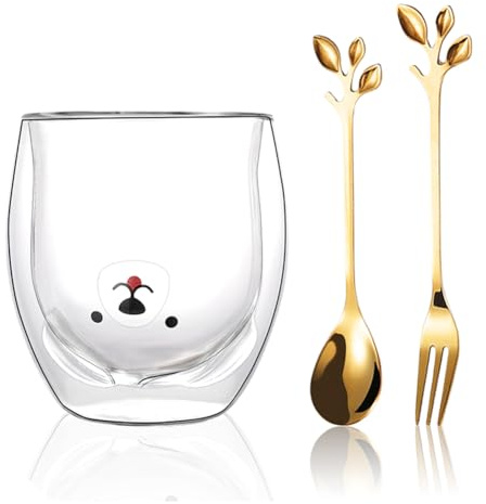 Yuragim Vasos de doble pared, tazas de oso dulce, vasos de té, vasos de café, 300 ml, taza de café de doble pared, vidrio de borosilicato, vasos aislantes, vasos de café, regalo para cumpleaños