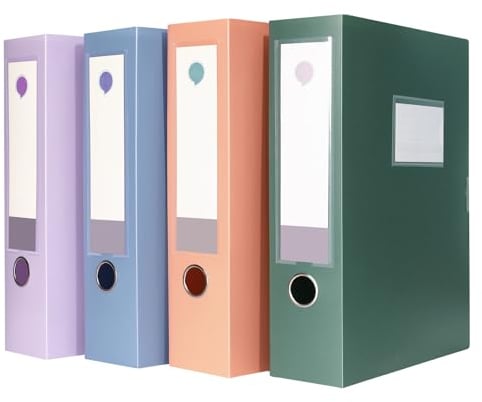 komstuon 4 Pack Box Files,Large Capacity Plastic Archive Boxes with Lid,75mm deep,4 Colores Folding Document Storage Box for Office、Homes and School