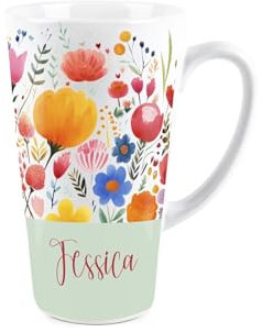Purely Home Personalised Latte Mug - Bright Wildflowers Tall Mug - Ceramic Custom Tea/Coffee Present Name Gift