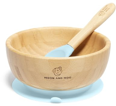Moon and Moo Bamboo Suction Bowl and Spoon Set for Kids, Toddlers and Baby Weaning - Non-Toxic – Plastic Free - Stay Put - Baby Suction Bowl - Baby Weaning Set