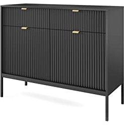 BETTSO - Nova KSZ-104 - Kommode - Kommode mit Schubladen - 104 breit - 2 Schubladen - Geriffelt - für Wohnzimmer, Flur - 2-türig - Glamour - Schwarz - mit golden Griffen und schwarzen Beinen