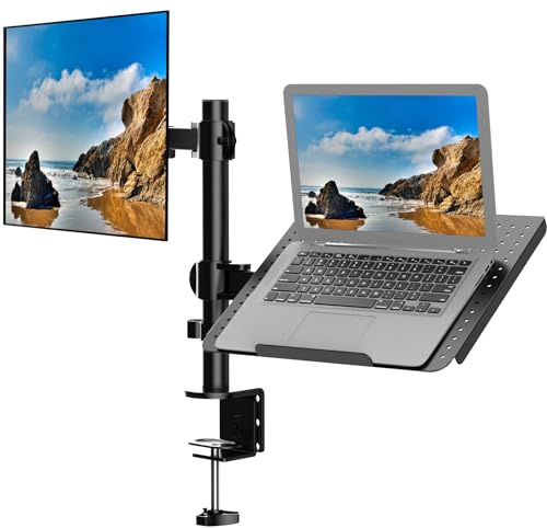 Suprogear Single LCD Monitor Desk Mount Fully Adjustable Stand with Extra Laptop Tray for 1 Laptop Notebook up to 17 inch and 1 Screen up to 27 inch, 22 lbs. Weight Capacity, Black