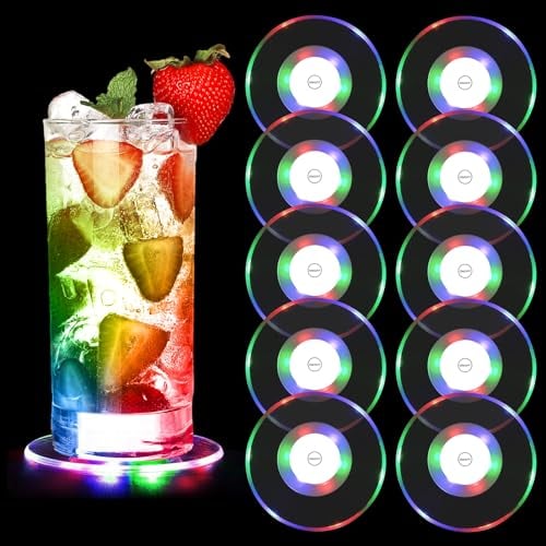 Infreecs 10 Stück Bunt Led Untersetzer, 3 Beleuchtungsmodi Leuchtende Untersetzer, Acryl Rund wasserdichte Leuchtuntersetzer, Led Untersetzer für Gläser, Flaschen, Partys, Bar, Hochzeiten, Festival