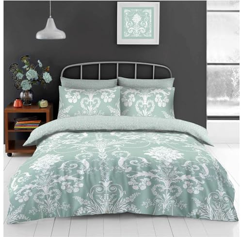 Lions Floral Bedding Set - 4 Piece King Size Bed Duvet Cover with Pillowcase Fitted Sheet, Soft Poly Cotton Reversible Quilt Covers, Sage Green