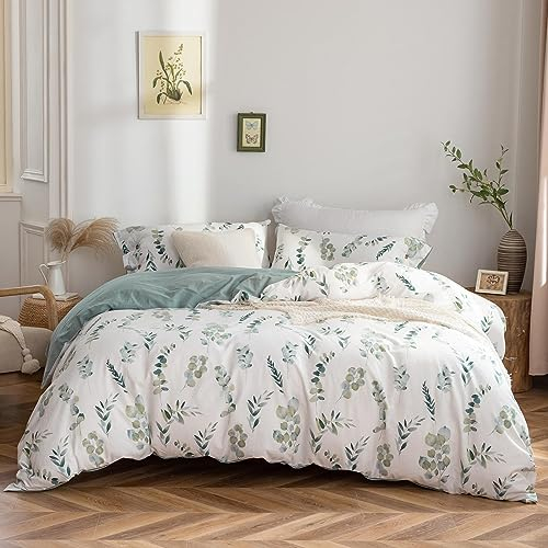 MILDLY Housse de Couette 220x240 Coton avec Motif Botanique, 100% Coton Lavé, Texture Lin, Certifié Oeko-TEX, Tropicales Eucalyptus Feuilles Parure de Lit 220x240 Coton avec 2 Taie d'oreiller 65x65 cm