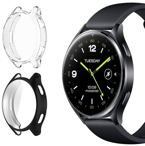 ToVioc Funda Compatible con Xiaomi Watch 2 Protectora Todo Incluido, [2 Piezas] [Flexible TPU] [Anti-Rasguños] Cáscara Protectora para Xiaomi Watch 2 - Negro & Transparente