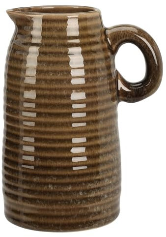 Ribbed Vase for Flowers Stoneware Flower Jug Vase with Handle Round Decorative Vintage Pitcher Vase for Flowers Single Stem Dried Papas Home Living Room Decor Gift (Short - Brown)