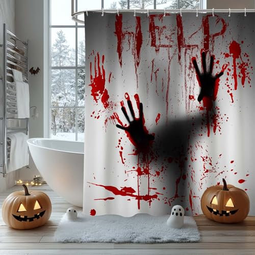 AIBIIN Halloween-Duschvorhang, Helfen Sie mir mit blutigen Händen, Schatten, gruselig, Halloween-Thema, Badezimmer-Dekoration, Requisiten, strapazierfähiges Polyester-Material mit 12 Haken, 180 x 180