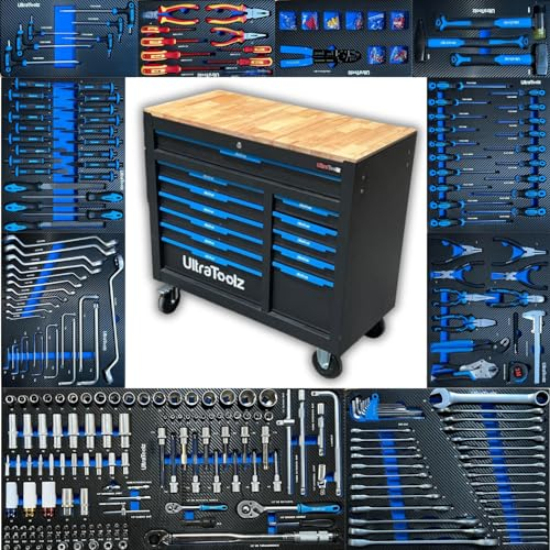 UltraToolz Jumbo Workshop Trolley with 12 Drawers + Torque Wrench - Chrome Vanadium Tool Storage Trolley