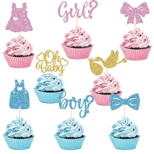 ALEGRE Boy or Girl Tortendeko Babyparty,16 Stück Glitzer Gender Reveal Party Deko,Oh Baby Cake Topper Babyparty,Girl or Boy Cupcake Topper,Baby Shower Kuchendeko,Deko für Jungen Mädchen Blau Rosa Gold