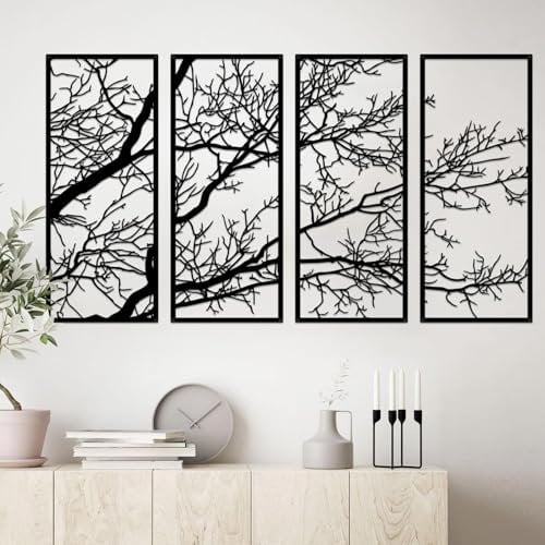 ESTART 4 Stück Baum des Lebens Metall Wanddekoration, schwarzer Baum Zweig Metall Wandkunst Baumschild Wandbehänge für Haus Garten Büro Wohnzimmer Indoor Outdoor (groß)