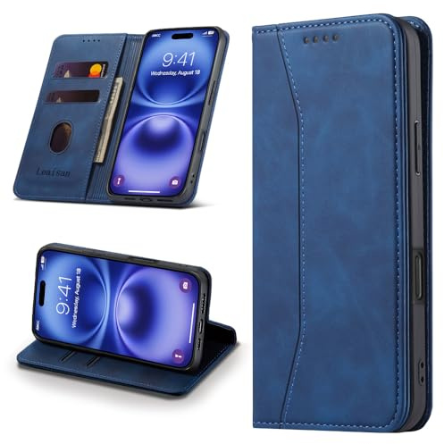 Leaisan Handyhülle für iPhone 16 Hülle Premium Leder Flip Klappbare Stoßfeste Magnetische [Standfunktion] [Kartenfächern] Schutzhülle für iPhone 16 Tasche - Blau