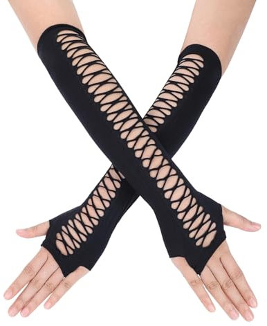 NiceYnn Women Long Lace Fingerless Gloves, Elbow Length Opera Gloves, Punk Rock Biker Ripped Arm Warmer Mittens, 80s 90s Party Cosplay Costume Ripped Hollow Hole