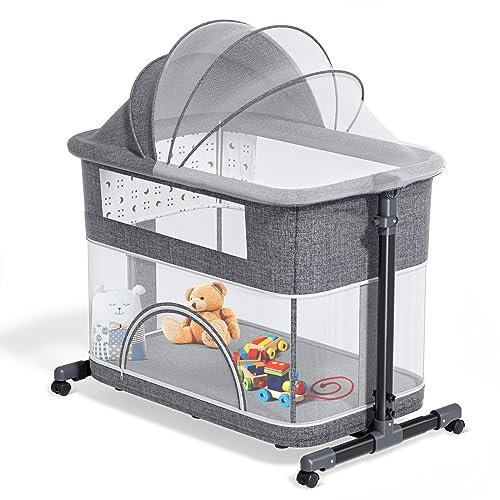 Helangel Beistellbett Baby Babybetten,3 in1 Babywiege mit Dicker weicher Matratze und Laufgitterbasisplatte, höhenverstellbar, Fenster aus Netz, Rollen und Reisetasche für 0-6 Monate Hellgrau