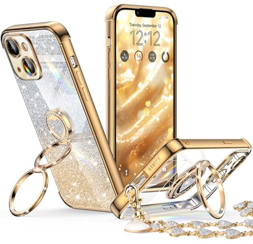 XYZ for iPhone 13 Case with Stand, Phone Case with Double Ring Kickstand, Women Girls Bling Luxury Glitter Clear Phone Case Cover Heart for iPhone 13, Gold