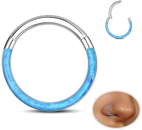 ESHIONER G23 Titan Septum Piercing Helix Ring Nasenpiercing Ring Nasenring Piercing Ohr Nostril Tragus Conch Daith Clicker Lippenpiercing Nose Ringe Opal Hypoallergen Blau Silber 16G 8MM