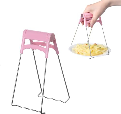Anti-Scald Stainless Steel Bowl & Plate Gripper Clip, Pink | Foldable tongs for hot bowls, plates, air fryer & microwave. Heat-resistant grip