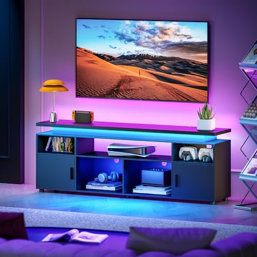 SUNCOZE TV Stand, Entertainment Center with LED Lights and Cabinet for 70/75/80 Inch TV, Modern TV Console Gaming Media Television Stands with Power Outlets for PS5 in Living Room and Bedroom, Black