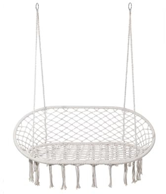 Rebecca Mobili Sofá balancín de 2 plazas, sillón colgante grande, blanco crema, acero polialgodón, para interior o exterior, estilo boho, robusto – Medidas (alt. x anch. x prof.): 150 x 130 x 70 cm –