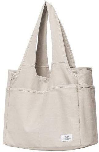 LMGO Große Canvas Tasche mit reißverschluss für Frauen, Utility Large Canvas Tote Bag with 13 Pockets - Light Grey