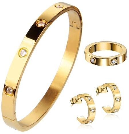 ROUGEMONT Edelstahl Schmuckset Monte Carlo Wasserfest Hypoallergen Schmuckset aus Armreif Creolen Ring 18 K Vergoldung Jewellery