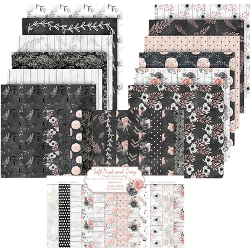 Scrapbook Papier Vintage Scrapbook Bastelpapier mit Blumen Muster, 24 Blatt Doppelseitiges Scrapbooking Papier Motivpapier, Frühling Dekorpapier Decoupage Papiere (Schwarz, 30,5x30,5 cm/12x12 inch)