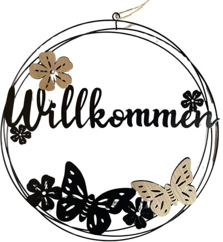 Türkranz Willkommen ganzjährig – aus Metall und Holz mit Schmetterling Motiv – dekorativer Kranz für Haustür, Eingang, Garten, Frühling, Sommer, Herbst, Winter