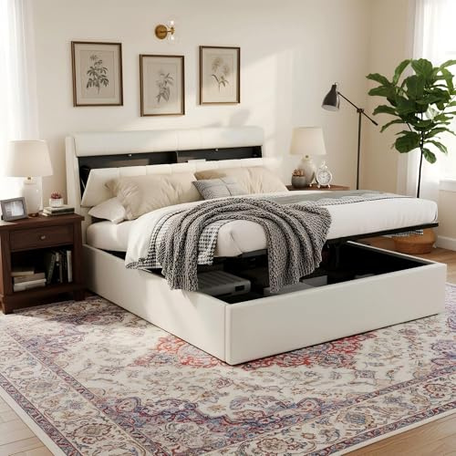 ModernLuxe Double Bed Frame, Fashion Upholstered Ottoman Bed, 4ft6 Double Bed Frame with Storage, Concealed Headboard Storage, Hydraulic Bed with Slats, No Mattress, Cream white PU 135x190cm