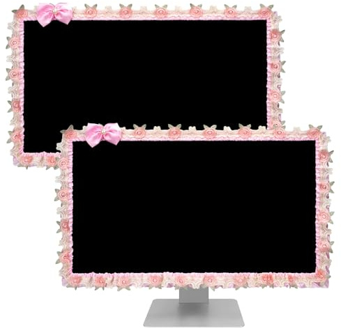 ReignSword 2 Pcs 23''-26'' Cute Computer Monitor Cover with Bow Tie, Lovely Computer Accessories with Lace Design, Monitor Dust Cover Protector (Pink)