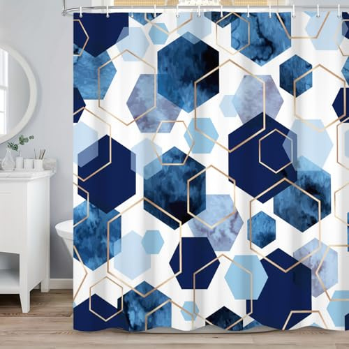 ASDCXZ Rideau Douche Bleu 180x180 cm, Moderne Abstrait Art Géométrique Bleu Doré Hexagone Motif Imperméable Polyester Textile Lavable Rideau de Baignoire avec 12 Crochets