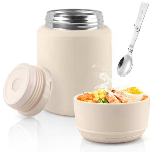 Acasimo Thermobehälter für Essen 550ml, Edelstahl Warmhaltebehälter Essen mit Löffel, müslibecher to go, Thermo lunchbox für Gefrierschrank, Spülmaschine, Erwachsene(Weiß)