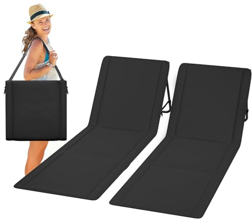 UDPATIO 2er Set Strandmatte mit Rückenlehne 195 cm, Strandstuhl, Verstellbare Strandliege Klappbar Leicht, Faltbare Sonnenliege für Strand, 150kg Belastbar, Sonnenmatte Gepolstert mit Tasche, Schwarz