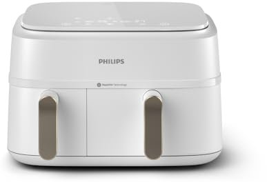Philips Airfryer Dual Basket 3000 Series Heißluftfritteuse, 9L, 2 Körbe, 2 Gerichte gleichzeitig, RapidAir Plus Technologie, 90% weniger Fett, Energieeffizient, HomeID App, Weiß (NA353/10)