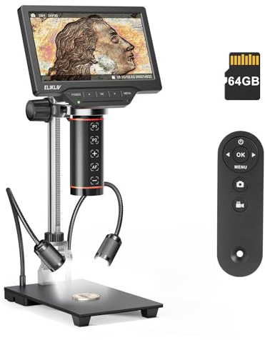 ELIKLIV EM3K-AF Autofokus Digital Mikroskop, 3K, 7 IPS, für Münzen | Münzmikroskop für Gesamtansicht, HDMI Lötmikroskop, Voll-LED, PC/Windows/Mac kompatibel, 10 Ständer, 64GB