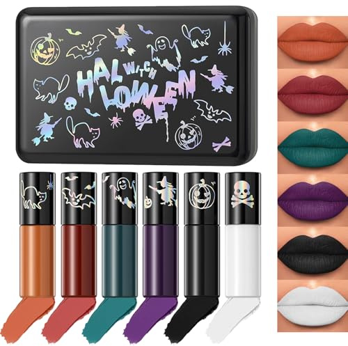 6 Farben Matte Lippenstift Schwarzer, Wasserdicht Gothic Lipgloss, Grün Lila Rot Samt Lippenstift für Maskerade, Kostüm, Cosplay, Halloween Make-up